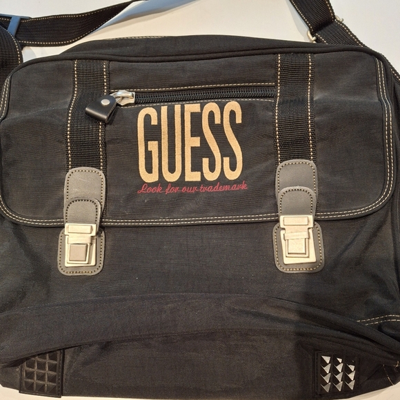 Vintage 90s Rare Guess Black Canvas Book Bag/Laptop Shoulder Bag OS - Picture 3 of 15